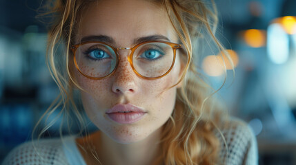 businesswoman with eyeglasses sitting at workplace with blank computer screen in office.