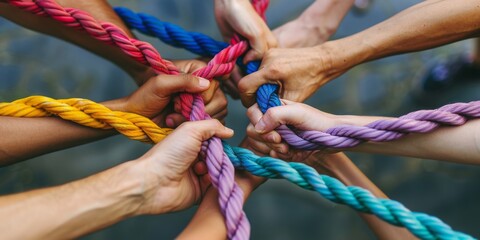 Diverse Hands Intertwine Colored Ropes, Symbolizing Strength and Unity in Collaboration, Generative AI