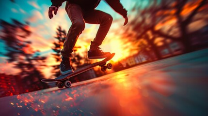 Urban skateboarding at sunset with dynamic motion blur