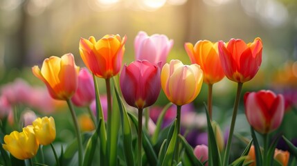 A bunch of colorful flowers are in a field with sunlight, AI