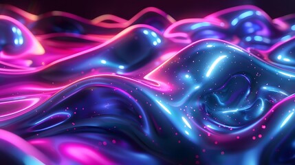 Holographic Neon Fluid Waves Dark Background, abstract background with waves - obrazy, fototapety, plakaty