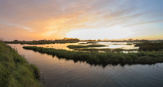 View of sunset on Ria de Aveiro, Ovar, Portugal.