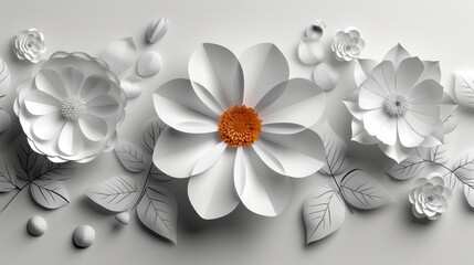 Three-dimensional white paper flower, circle, wallpaper with seamless pattern