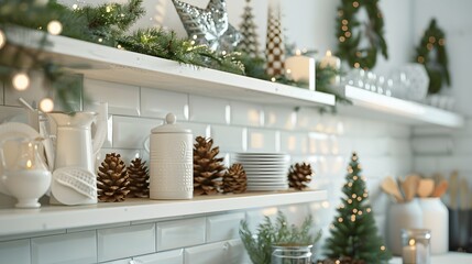 Beautiful design of the white wall in the kitchen. Shelves on the wall with a beautiful decor. Warm and cozy in the kitchen. Kitchen set with Christmas decor. Vase, spruce branches, cones, candles. 