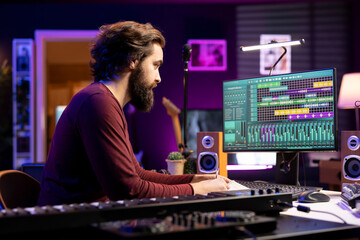 Musical composer writing a song with new lyrics in home studio, recording tunes with audio equipment gear. Singer songwriter takes notes to compose words and melodic elements, producing music.