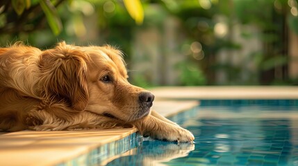 The golden retriever is relaxing next to the swimming pool.