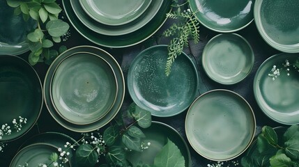 Empty green ceramic plates with decorations
