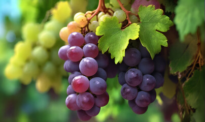 Grapes, a bunch of grapes peeking out from behind the leaves.