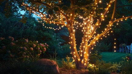 Twinkling lights dance on a tree at night, adding a touch of magic to the garden.
