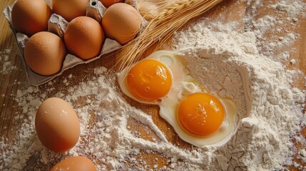 Table with eggs and flour next to egg carton