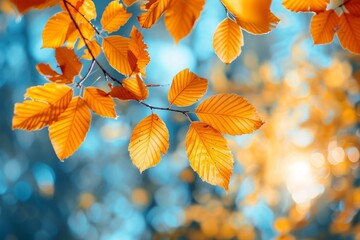 Obraz premium A close up of a tree branch with yellow leaves, AI