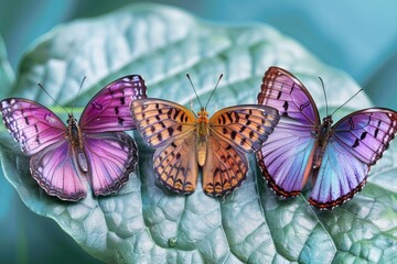 Three butterflies are sitting on a leaf, AI