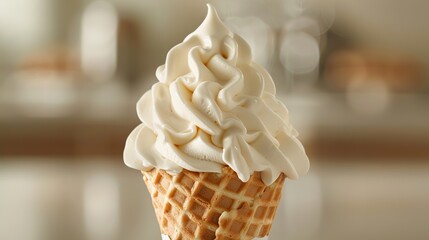Waffle cone with soft ice cream. Soft serve ice cream in wafer cone or machine. Vanilla ice cream. Frozen dessert from fast food restaurant.