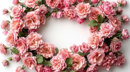 An ornamental wreath made of pink roses isolated on a white background. A flower wreath made of floral ornaments. A flower mandala made of flowers