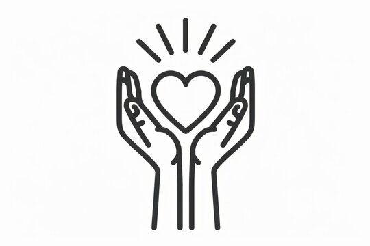 A simple icon of two hands holding up an heart bold lines, white background Generative AI