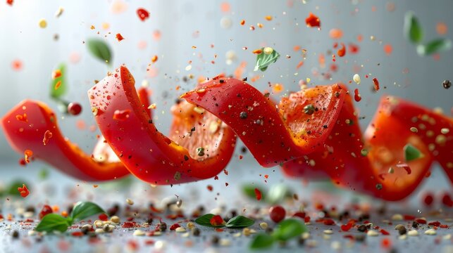 An abstract concept with red paprika flying through the air. Floating pepper slices. Capsicum vegetables isolated on white.