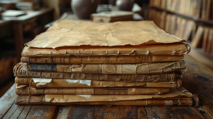 Old paper documents. Yellowed old papers. Yellowed old documents. Old books. Old manuscripts on a table.