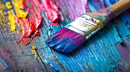 Obraz premium A close up of a paint brush on top of some colorful paints, AI