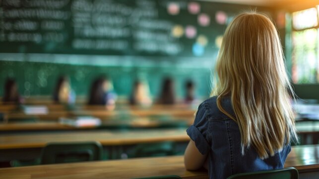 A woman sitting at a desk in front of rows and rows of desks, AI