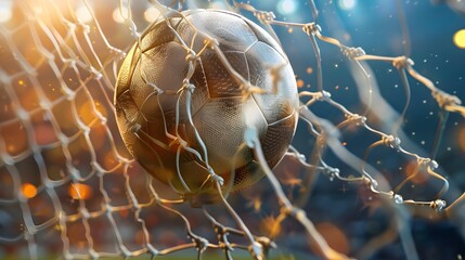A realistic soccer ball hitting the net, capturing the intensity of a football championship in the...
