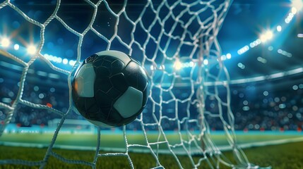A realistic soccer ball hitting the net, capturing the intensity of a football championship in the arena.