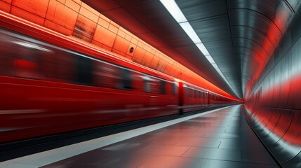 Obraz premium Blurred motion of train in red-lit modern metro station