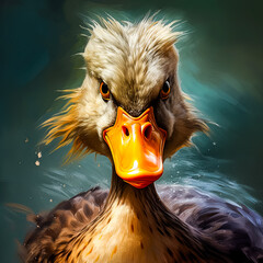 A duck with a big mouth is staring at the camera. The duck's mouth is open wide, and its eyes are...