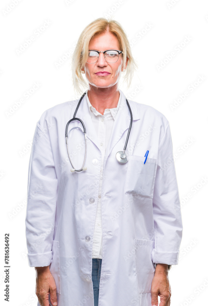 Sticker Middle age blonde doctor woman over isolated background with serious expression on face. Simple and natural looking at the camera.