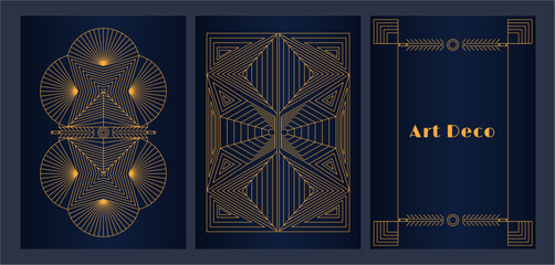 Luxury art deco cover and frame design set. Linear style geometric design template used for banners, packaging design, posters, wedding invitation, brochure cover, lux catalog in gold and blue color 