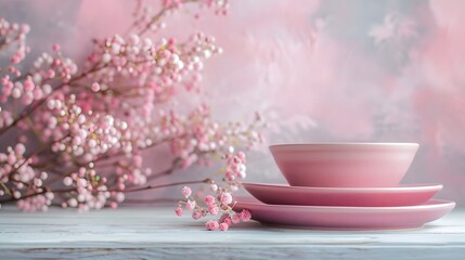 Fototapeta na wymiar Empty pink ceramic plates with decorations 