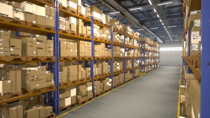 Vast storage building full of products placed on industrial racks with tags and labels, commercial...
