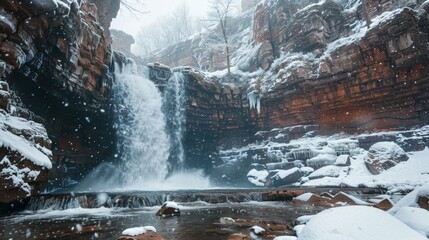 Snowy canyon waterfall close-up