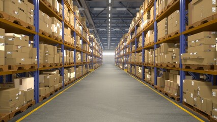 Industrial warehouse filled with storage boxes labeled for shipment, distribution center storing...