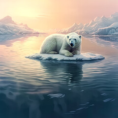 A polar bear stands on a rocky shoreline in front of a large body of water. The bear is surrounded by a painting of the ocean and the shoreline, creating a sense of depth and immersion