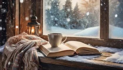 Selbstklebende Fototapeten cozy winter scene coffee open book and plaid on vintage windowsill in cottage snowy landscape with snowdrift outside © Makayla