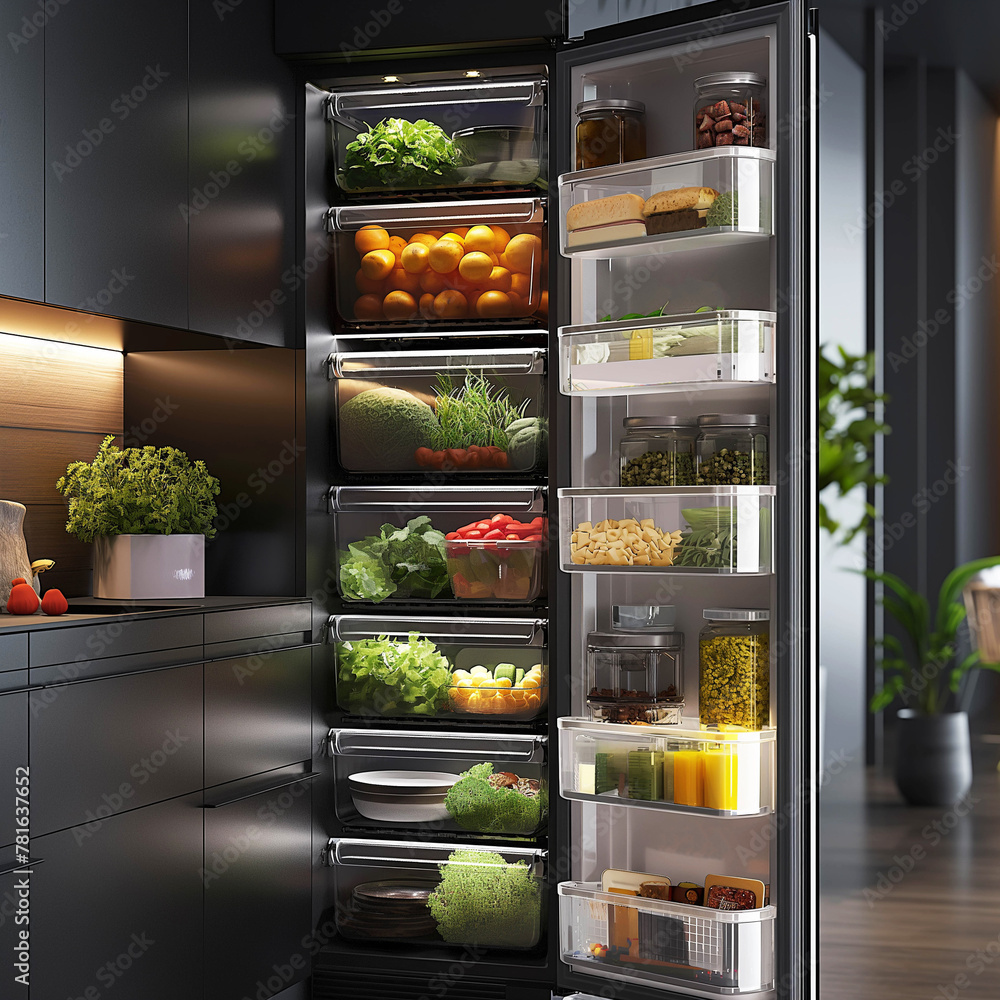 Wall mural photograph of a modern refrigerator full of food, in which the products are neatly placed in special