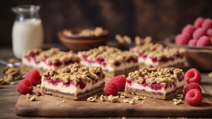 Freshly baked pastry with raspberries, slice of homemade pie, delicious cake - obrazy, fototapety, plakaty
