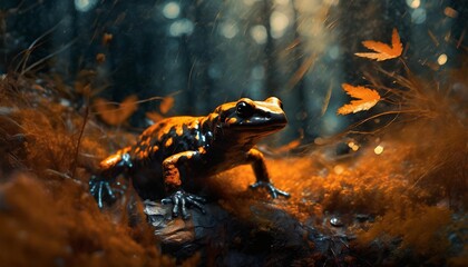 fire salamander in the forest - obrazy, fototapety, plakaty