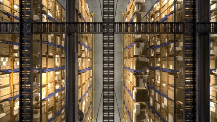 Shipping center features products for delivery procedures and in transit, labeled with invoice details. Consignment process handled by storage space infrastructure system. 3D render animation.