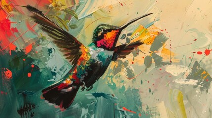 Obraz premium Hummingbird in Flight with Colorful Paint Splatters