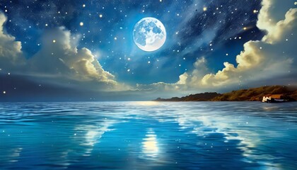 romantic moon with clouds and starry sky over sparkling blue water