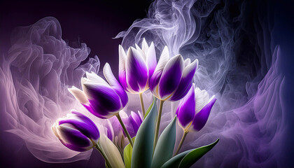 Wiosenne kwiaty, fioletowe tulipany. Tapeta kwiatowa. Dekoracja ścienna. Bukiet kwiatów tulipanów. Abstrakcyjne kwiaty - obrazy, fototapety, plakaty