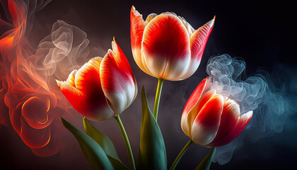 Wiosenne kwiaty, czerwone tulipany. Tapeta kwiatowa. Dekoracja ścienna. Bukiet kwiatów tulipanów. Abstrakcyjne kwiaty - obrazy, fototapety, plakaty