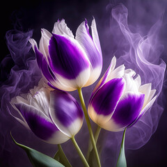 Wiosenne makro kwiaty, fioletowe tulipany. Tapeta kwiatowa. Dekoracja na ściane. Bukiet kwiatów tulipanów. Abstrakcyjne kwiaty - obrazy, fototapety, plakaty