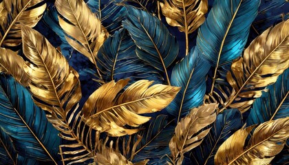 golden and black tropical leaves seamless pattern on a dark background exotic botanical design...