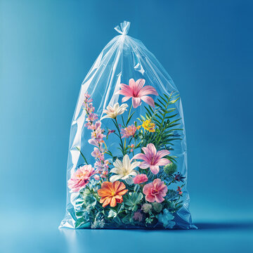 A clear plastic bag filled with a variety of colorful flowers, placed against a blue background.