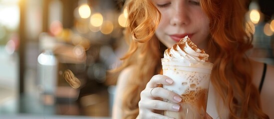 A woman enjoying a creamy whipped coffee beverage - obrazy, fototapety, plakaty