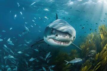 Menacing beauty: underwater world with the shark predator, a captivating glimpse into the fierce,...