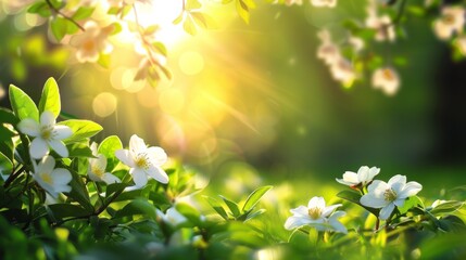 A close up of a field with white flowers and sun, AI