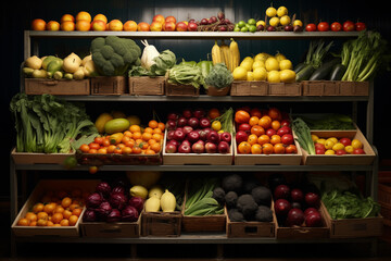 Fototapeta na wymiar Fruit and vegetable department in a large European and American supermarket. Generative AI tools